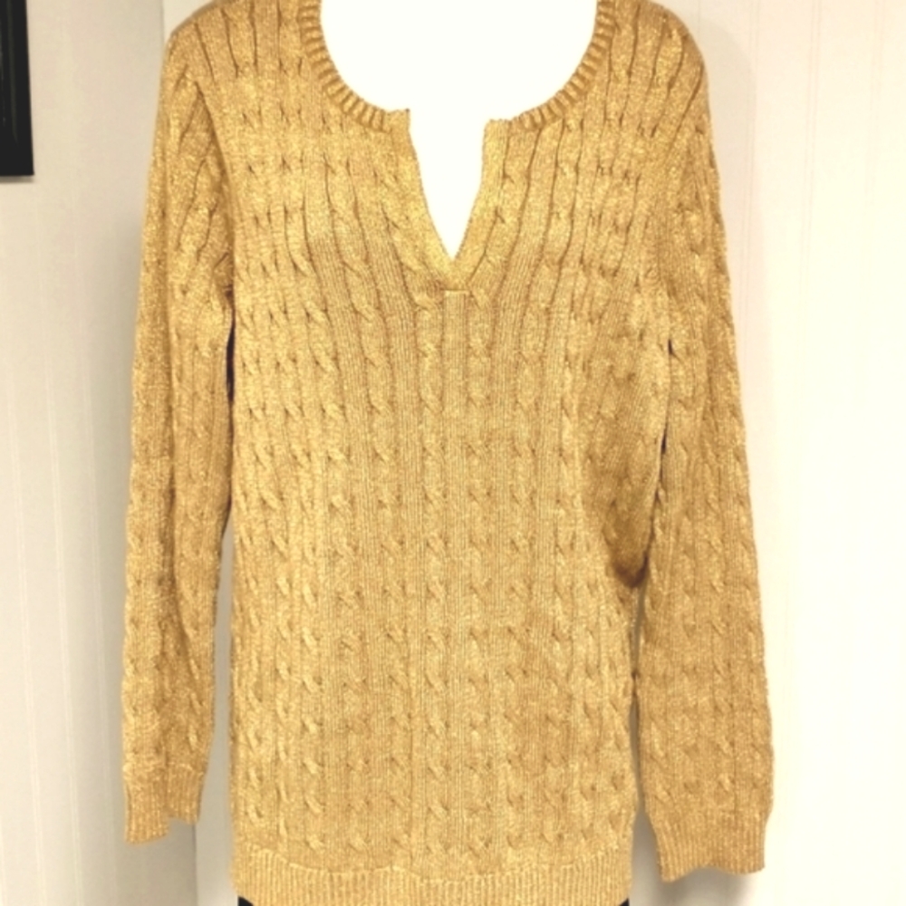 Lauren Ralph Lauren Cable Knit Gold Metallic Pullover V-neck Sweater Size IX